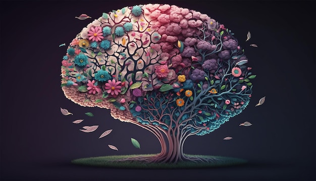 Human brain tree with flowers self care and mental health concept Generative AI