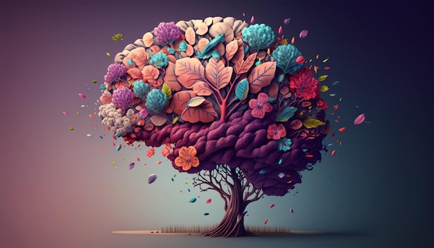 Human brain tree with flowers self care and mental health concept Generative AI