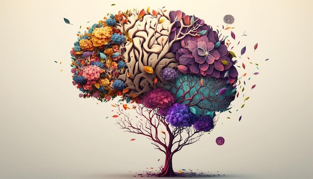 Human brain tree with flowers self care and mental health concept Generative AI