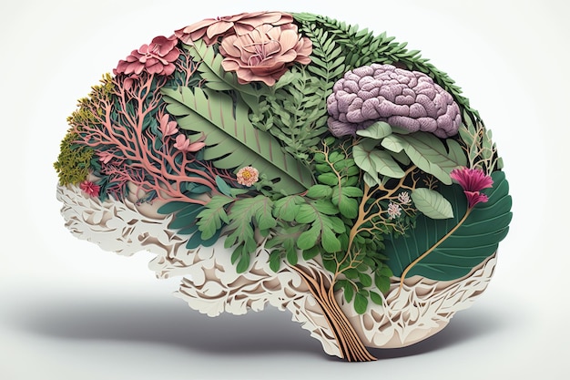 Human brain tree with flowers self care and mental health concept positive thinking Earth's Day Generative AI