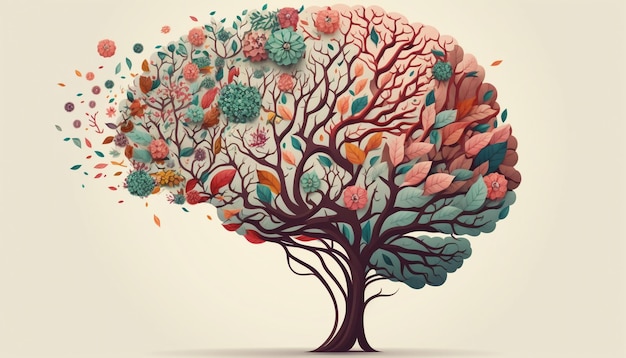 꽃 자기 관리와 정신 건강을 가진 인간의 뇌 나무.