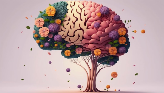 꽃 자기 관리와 정신 건강을 가진 인간의 뇌 나무.
