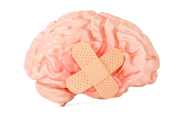 Human brain with adhesive plaster 3D rendering