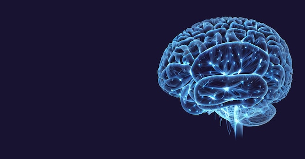 Фото Человеческий мозг с голубым светящимся светом проводит мозговой штурм идей неврологии и научного рентгена разума