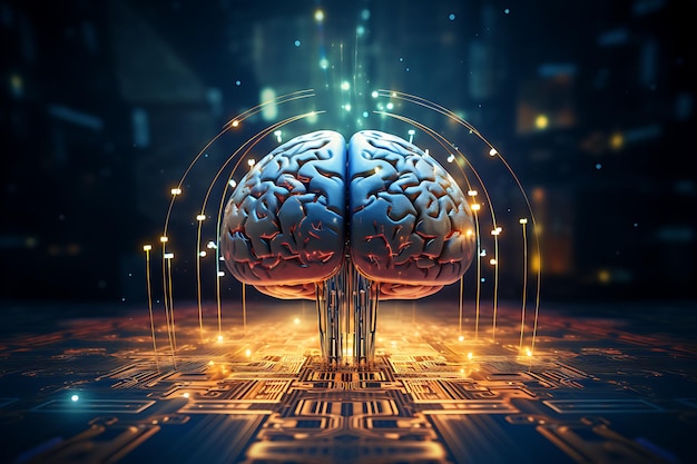 Human brain with circuit board and lights on background 3d render