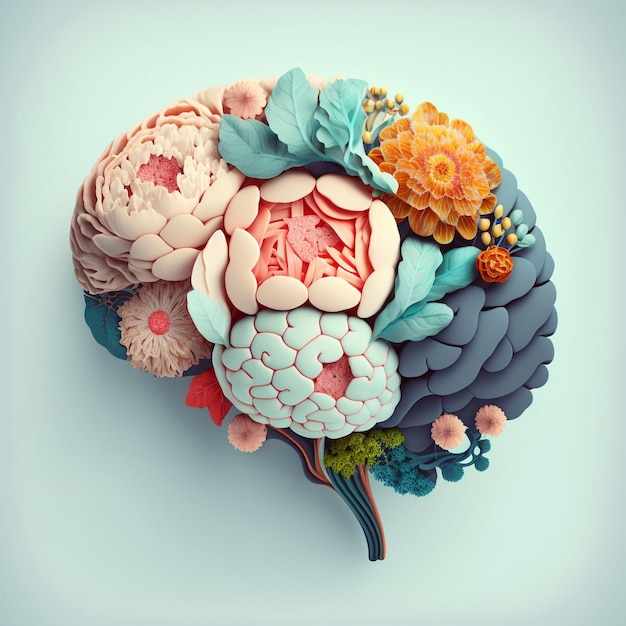 Photo human brain with decorative flowers creative refreshing mind and positive mental health concept