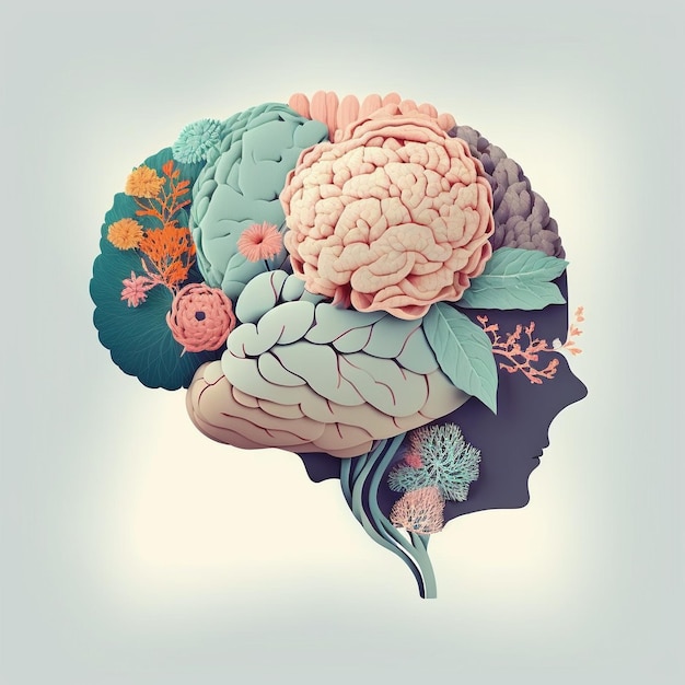 Human brain with decorative flowers creative refreshing mind and positive mental health concept