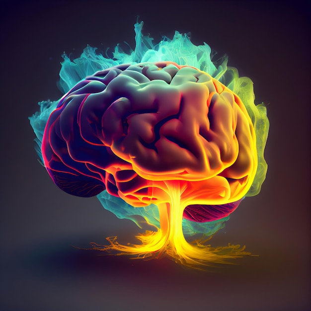 Human brain with fire effect on dark background 3D illustration
