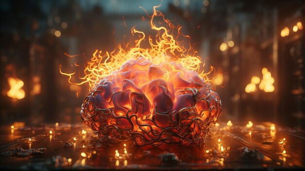 Photo human brain with a fire