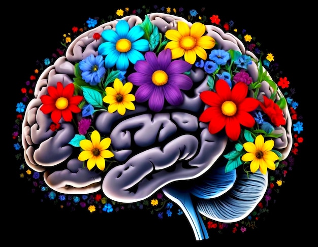 Photo human brain with flower mental wellness concept image