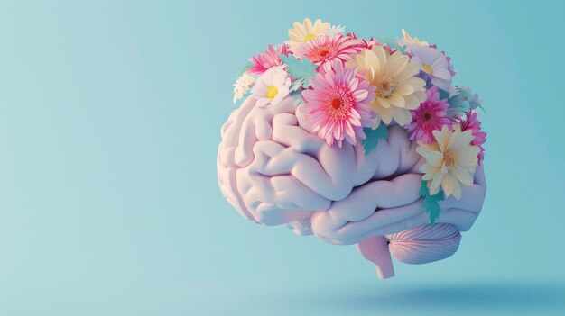 Человеческий мозг с цветами на синем фоне