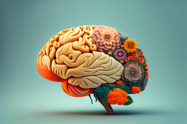 Human brain with flowers self care and mental health concept positive attidude creative mind Generate Ai