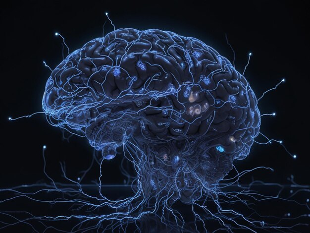 빛나는 신경세포를 가진 인간의 뇌 3D 일러스트레이션 컴퓨터 디지털 드로잉
