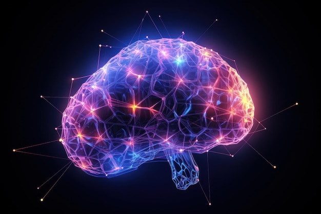 Human brain with glowing polygonal connections on dark background