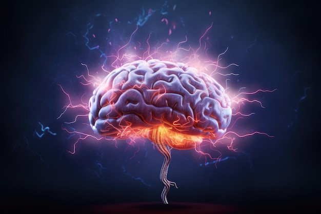 Human brain with lightning on dark background 3D Rendering Brainstorming concept 3D illustration of human brain with lightning AI Generated