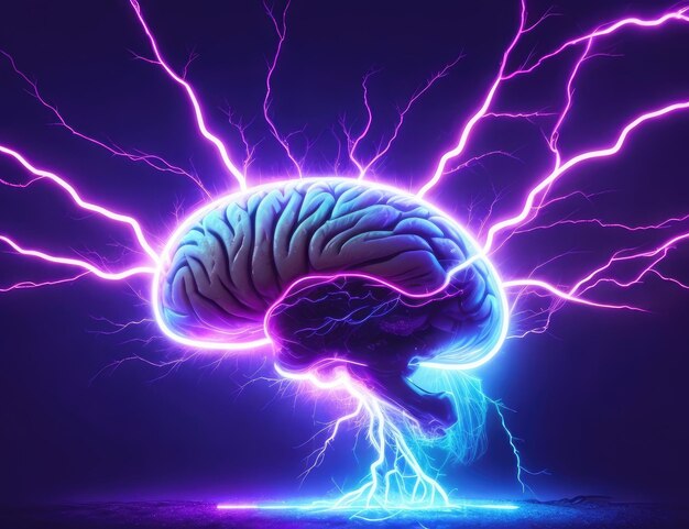 Human brain with neon light at night