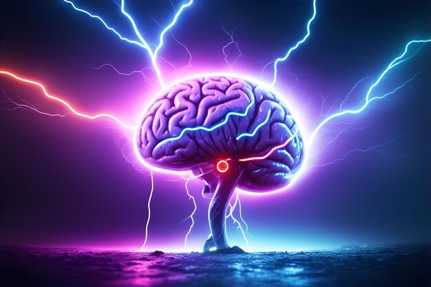 Human brain with neon light at night