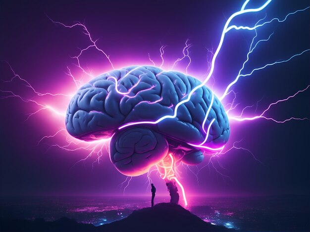 Human brain with neon light at night