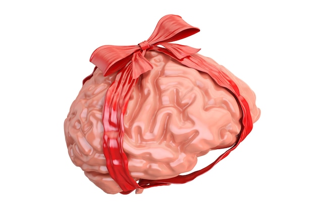 Photo human brain with red bow and ribbon gift concept 3d rendering