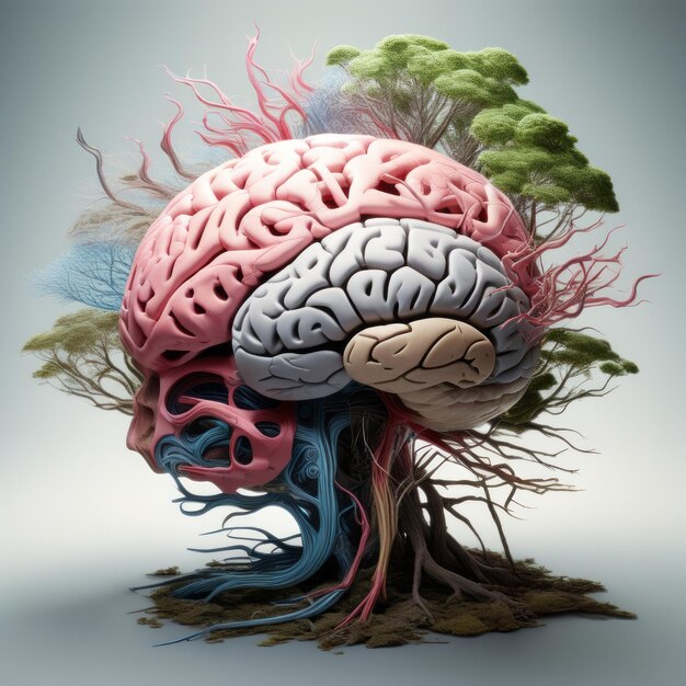 Photo human brain with roots 3d illustration