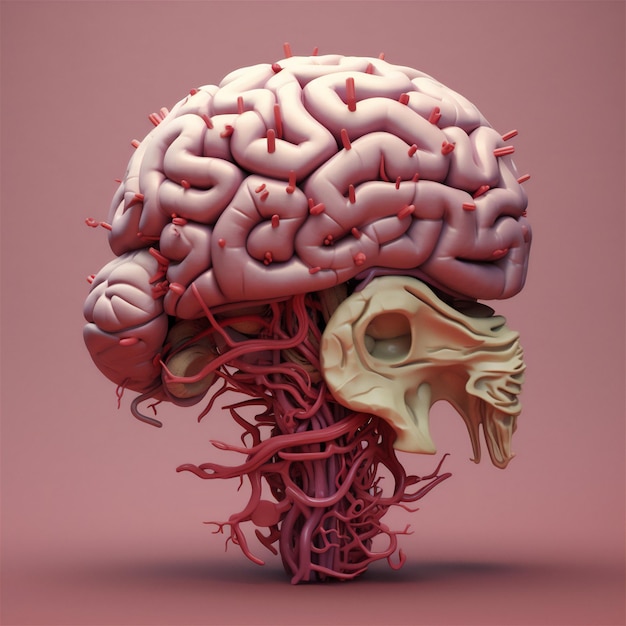 A human brain with a skull and a skull with a red background.