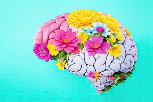 Human brain with spring colorful flowers ai generative