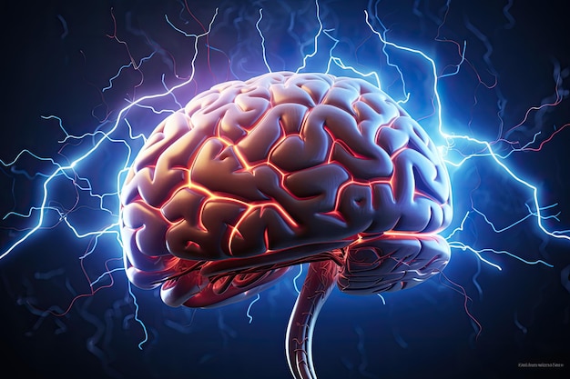 Человеческий мозг с 3D-иллюстрацией молнии, горизонтальной на темном фоне Концепция мозгового штурма 3D-иллюстрация человеческого мозга с молнией Сгенерировано AI