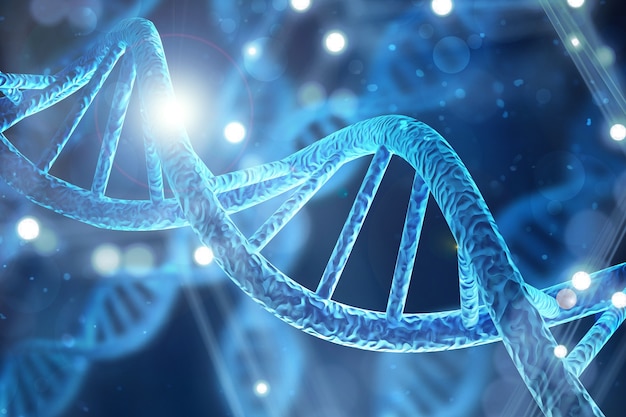 Foto illustrazione della struttura molecolare dei filamenti di dna di biologia cellulare umana