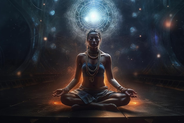 Human chakra buddhism meditating Refers to energy points in your body Chakra therapies yoga healing Disks of spinning energy to certain nerve bundles and major organs Generative AI
