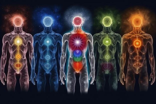 Human chakra buddhism meditating Refers to energy points in your body Chakra therapies yoga healing Disks of spinning energy to certain nerve bundles and major organs Generative AI