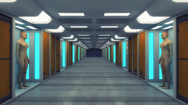 Human clones in futuristic room