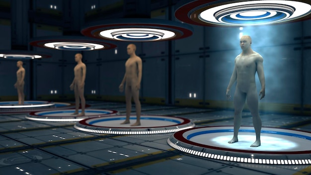 Human clones in futuristic room