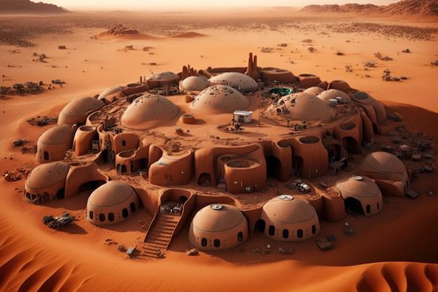 Human colony on Mars showcasing domed habitats and technological infrastructure for survival Generative AI