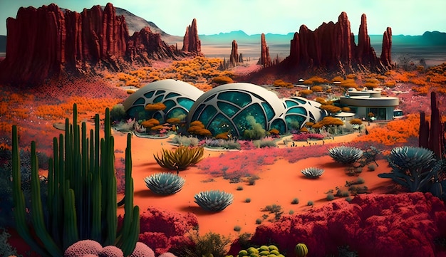 Человеческая колония на неизвестной планете с ретро-футуристическими зданиями, генерирующими искусственный интеллект