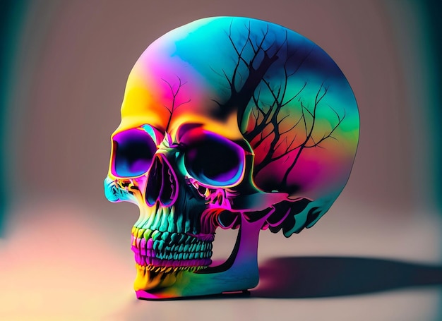 Human colorful skull on dark background Day Of The Dead