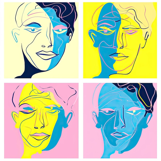 Разноцветные человеческие лица на цветном фоне Генеративный ИИ