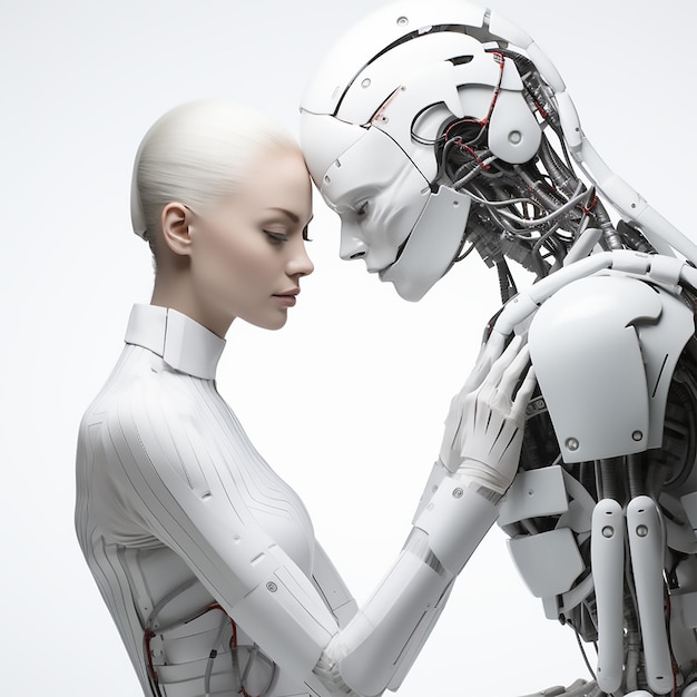 Human and cyborg relationship concept Couple on white background