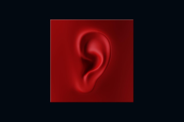 Human ear closeup in red Symbol icon music streaming music app podcast audio book Modern design magazine style 3D render 3D illustration