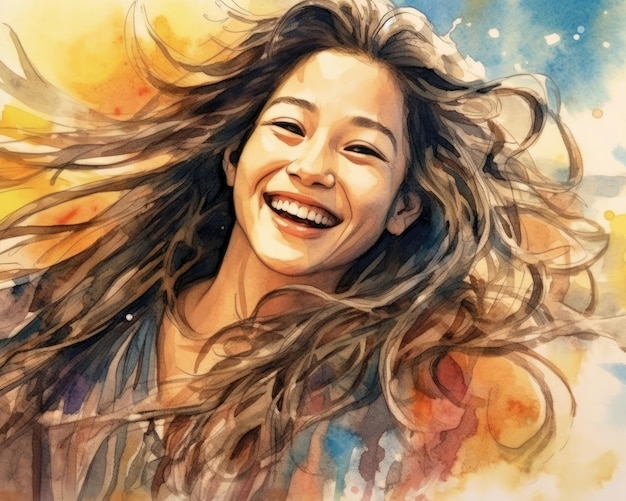 A human enhanced portrait depicts a happy smiling pretty Asian woman with dreadlocks Generative AI