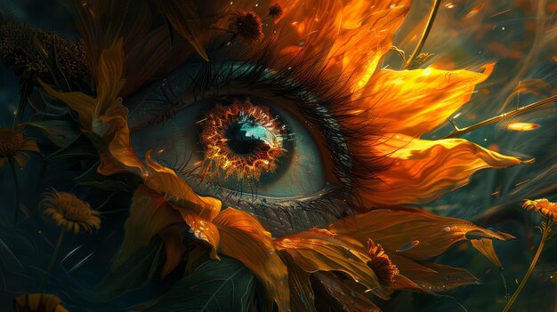 Human eye in center of sunflower