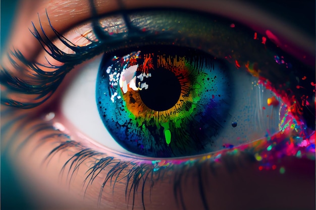 Human eye close up with colorful paint ink splashes and drips Generative AI