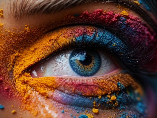 인간 눈은 다채로운 페인트 잉크 스프레이와 함께 근접합니다. 추상적인 텍스처 페인트 수채화 꽃 눈