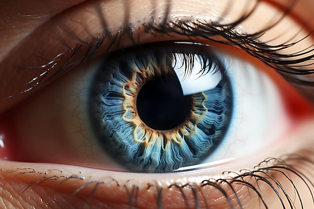 극단적인 클로즈업 샷에서 파란색을 가진 인간의 눈