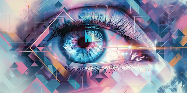 Human eye with digital geometric elements and soft pastel tones