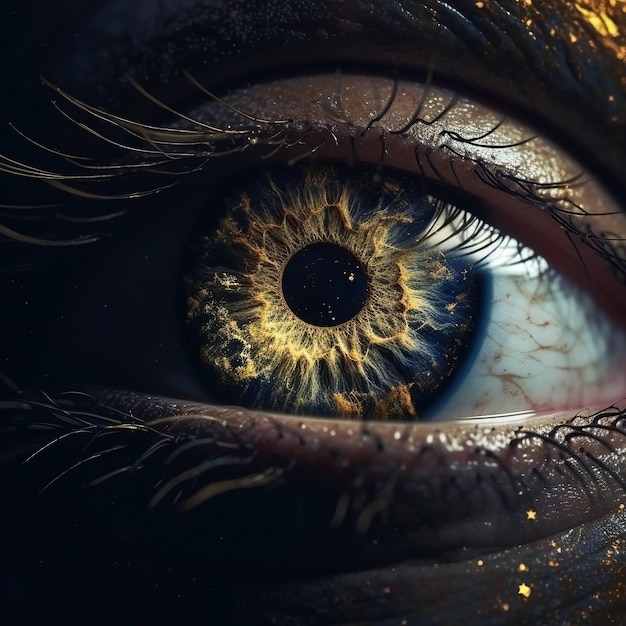 Human eye with galaxy inside closeup golden iris on dark background Ai generated