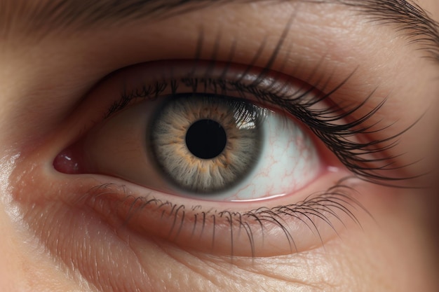 Human eye of a woman with colored iris of the eye with long eyelashes close up