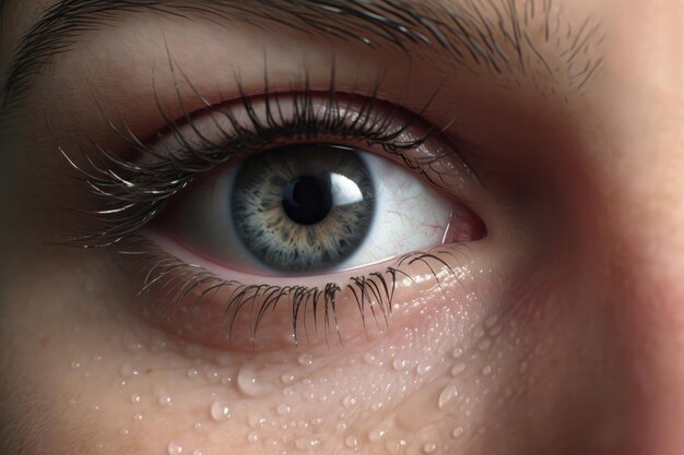 Human eye of a woman with colored iris and long eyelashes closeup drops on face