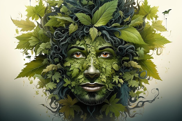 A Human face made out of of leaves of ganja vector cartoon style illustration illustration generative ai