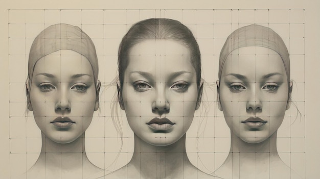 Human face pencil drawing showing symmetrical grid and height marks