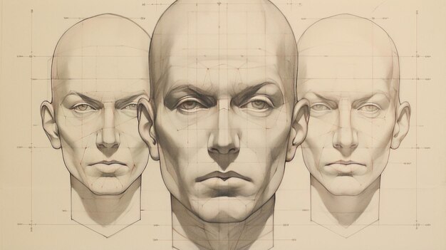 Photo human face pencil drawing showing symmetrical grid and height marks